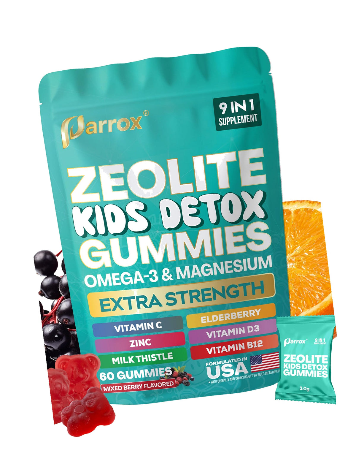 Parrox Zeolite Kids Detox Gummies, 9-in-1 Sugar-Free, Berry, 60 Gummies