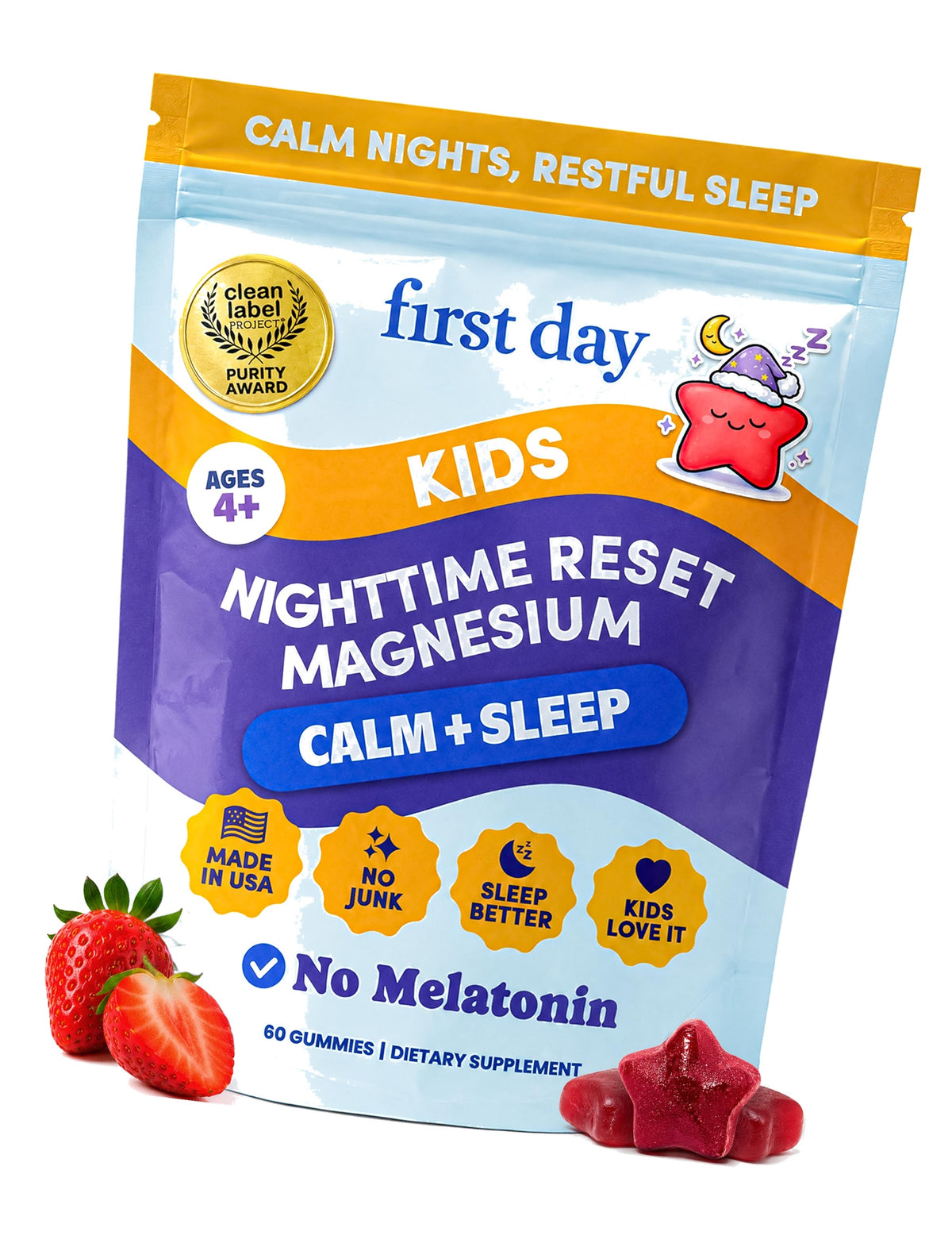 FIRST DAY Kids Magnesium Gummies, Citrate + L-Theanine, No Melatonin, 60 Ct