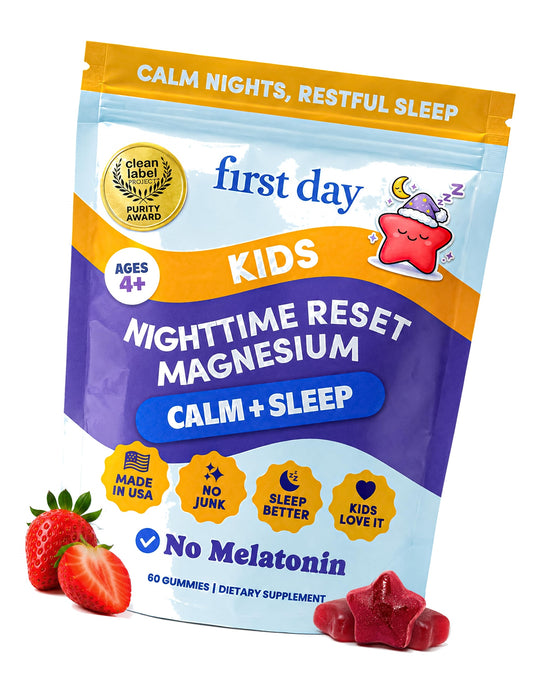 FIRST DAY Kids Magnesium Gummies, Citrate + L-Theanine, No Melatonin, 60 Ct