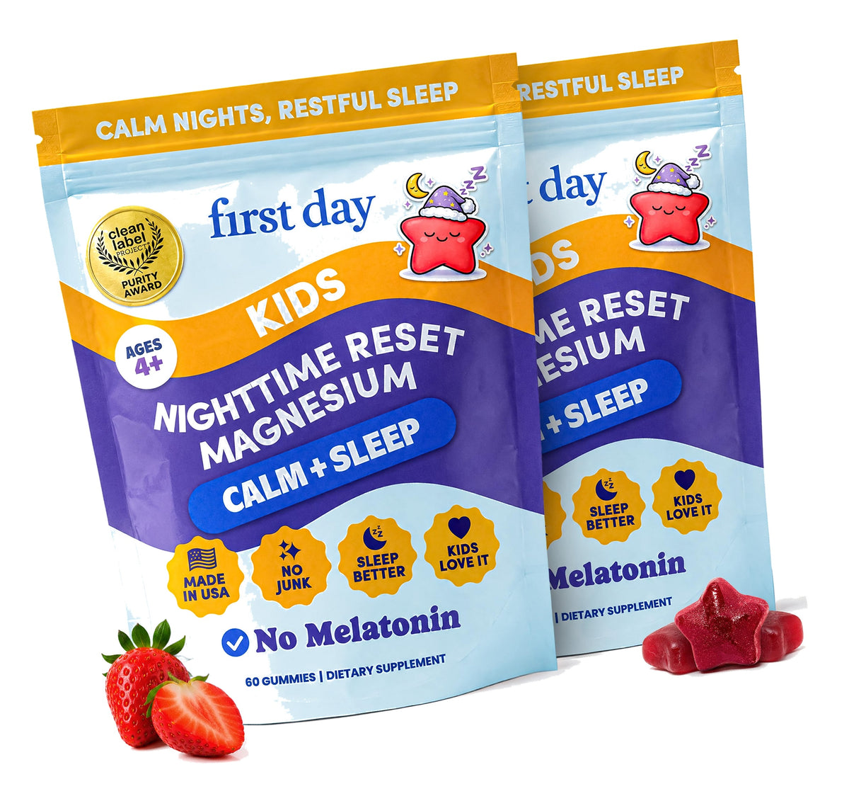 FIRST DAY Magnesium for Kids Gummies – Calm Kids Magnesium Citrate Gummies to Support Sleep & Relaxation – Bedtime Supplement with Suntheanine® L-Theanine, NO Melatonin - Strawberry - 30-Day Supply