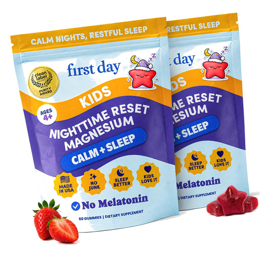 FIRST DAY Magnesium for Kids Gummies – Calm Kids Magnesium Citrate Gummies to Support Sleep & Relaxation – Bedtime Supplement with Suntheanine® L-Theanine, NO Melatonin - Strawberry - 30-Day Supply