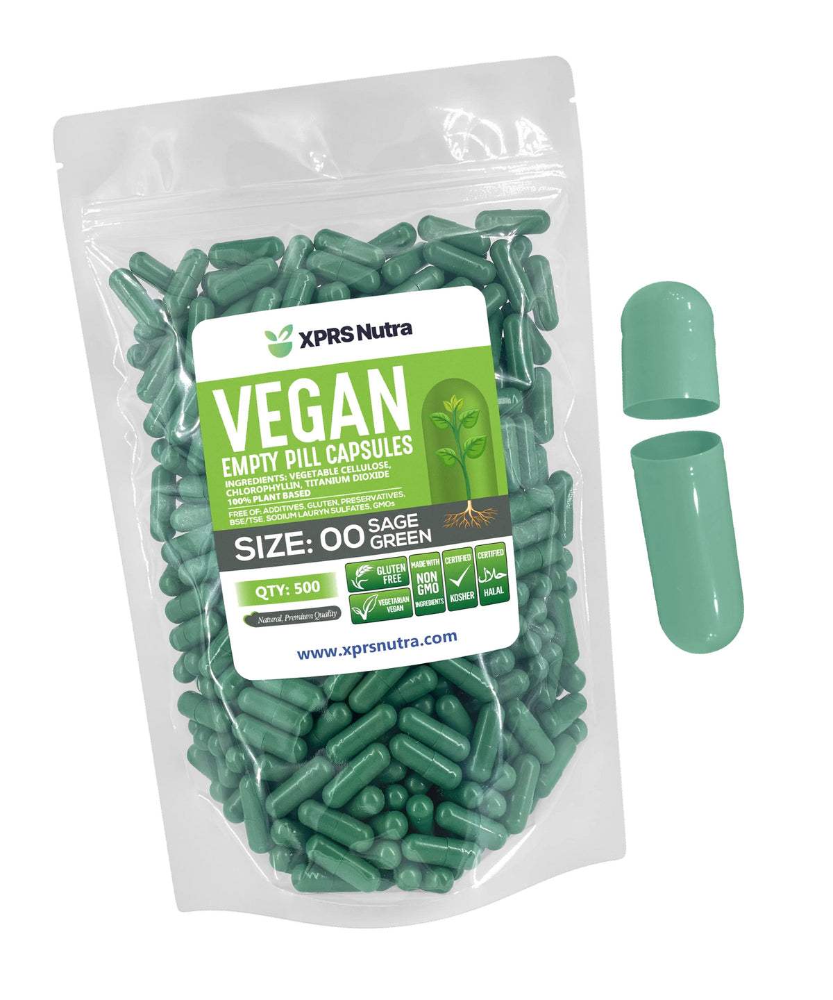 XPRS Nutra Size 00 Empty Capsules - 500 Count Empty Vegan Capsules - Vegetarian Empty Pills - DIY Vegetable Capsule Filling- Veggie Pill Caps (Sage Green)