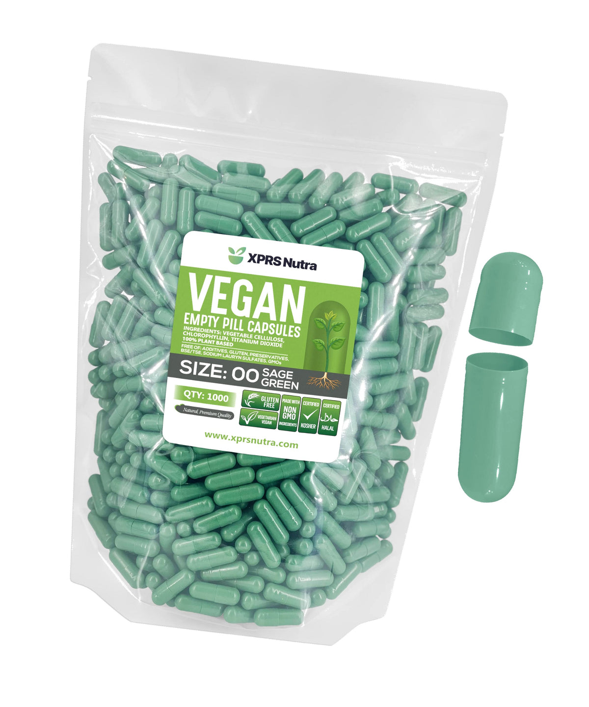XPRS Nutra Size 00 Empty Capsules - 1000 Count Empty Vegan Capsules - Vegetarian Empty Pills - DIY Vegetable Capsule Filling- Veggie Pill Caps (Sage Green)