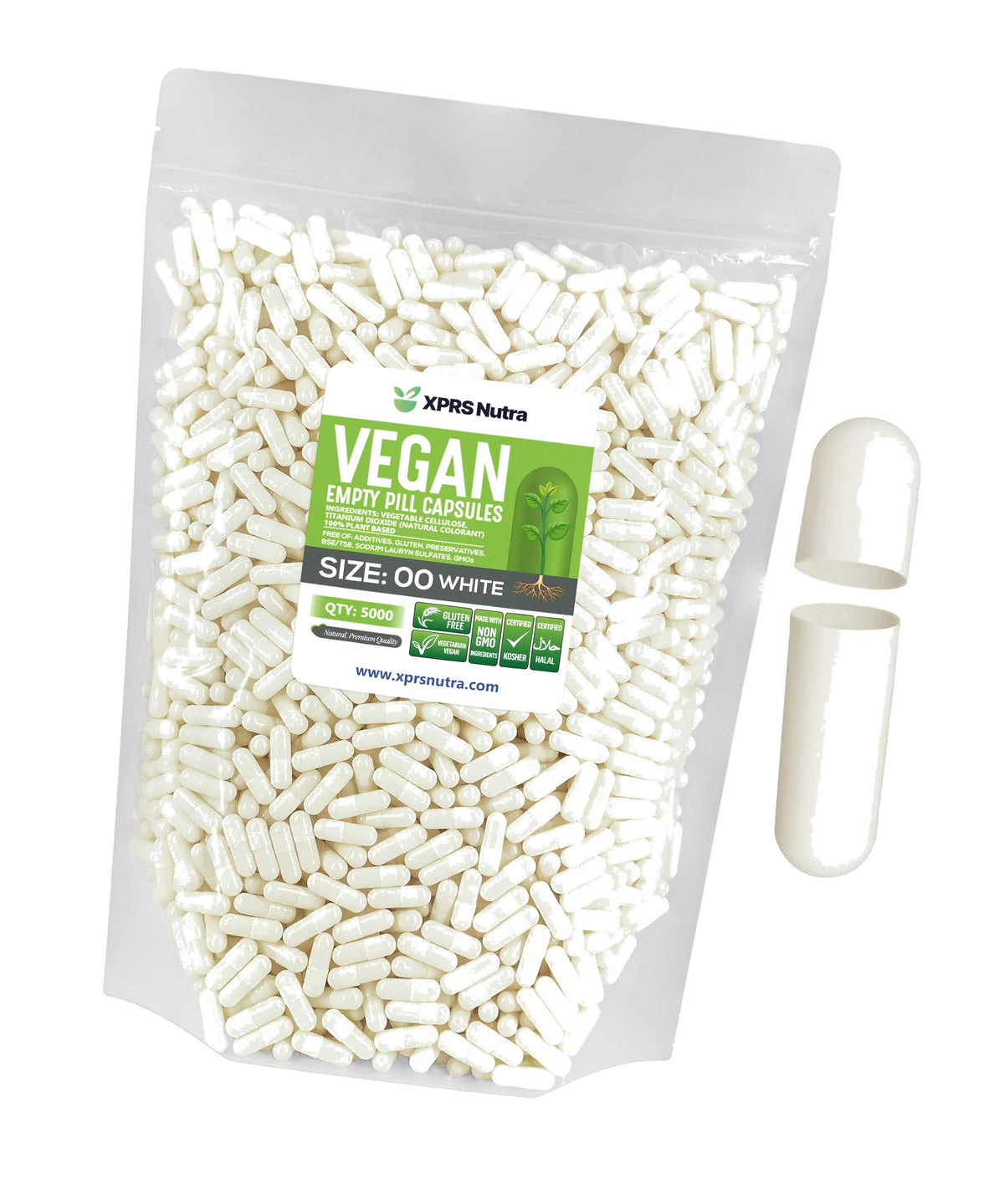 XPRS Nutra Size 00 Empty Capsules - 5000 Count Empty Vegan Capsules - Vegetarian Empty Pills - DIY Vegetable Capsule Filling- Veggie Pill Caps (White)