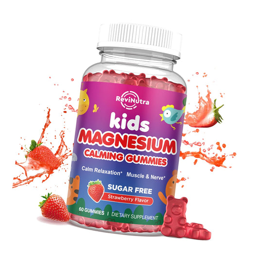 ReviNutra Magnesium Gummies for Kids - Magnesium Glycinate Gummies with L-Theanine, Chamomile, Vitamin B6, D for Kids & Adults Sleep, Stress, Muscle Relief & Nerve Bone - Sugar Free Strawberry 60ct