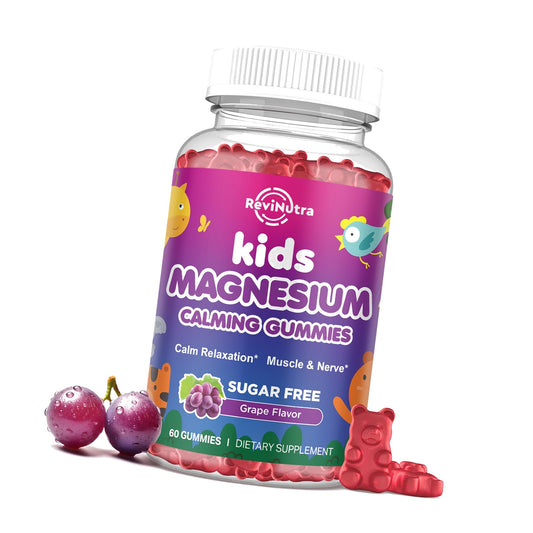 Kids Magnesium Glycinate Gummies - Magnesium Supplement Gummies with L-Theanine, Chamomile, Licorice, Vitamin B6, D for Kids & Adults Sleep, Stress, Muscle Relief & Nerve Bone - Sugar Free Grape 60ct