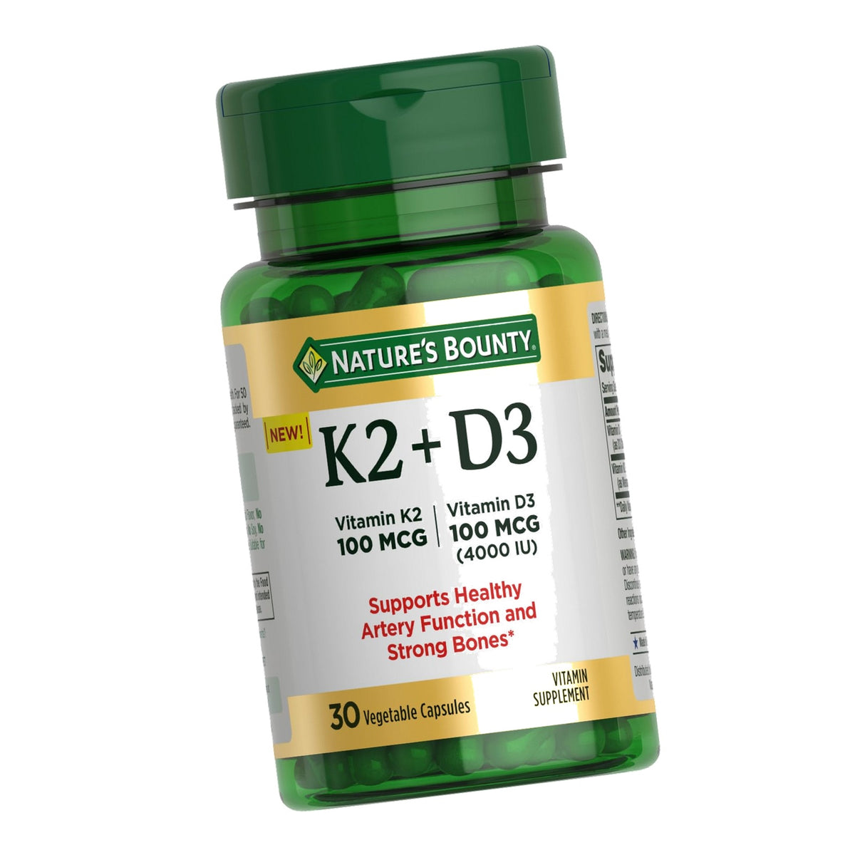Nature’s Bounty Vitamin D3 K2 Supplement, 4000 IU Vitamin D3 plus 100 mcg of Vitamin K Supplements for Adults for Heart & Bone Health Support, 30 Day Supply, 30 Vegetarian Capsules