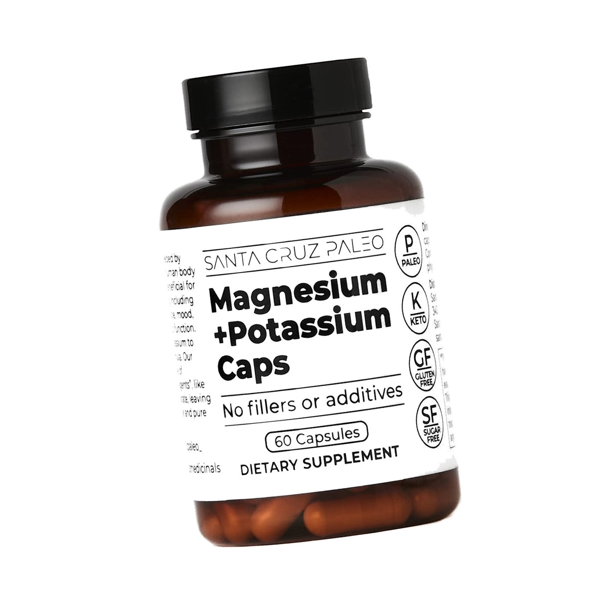 Santa Cruz Paleo Magnesium + Potassium Caps, Supplement for Men and Women, Paleo, Keto, Sugar & Gluten Free, Magnesium Glycinate 166mg and Potassium Citrate 38mg per Serving, American Made, 60 Caps
