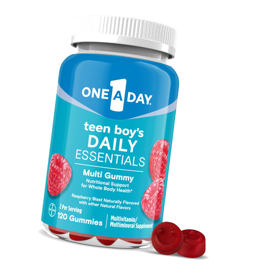 One A Day Teen Boy’s Daily Essentials Multivitamin Gummies, Teen Boy Vitamins with Vitamin C, Vitamin D, Bone Health, Immune Health, Raspberry Natural Flavor, 120 Gummies