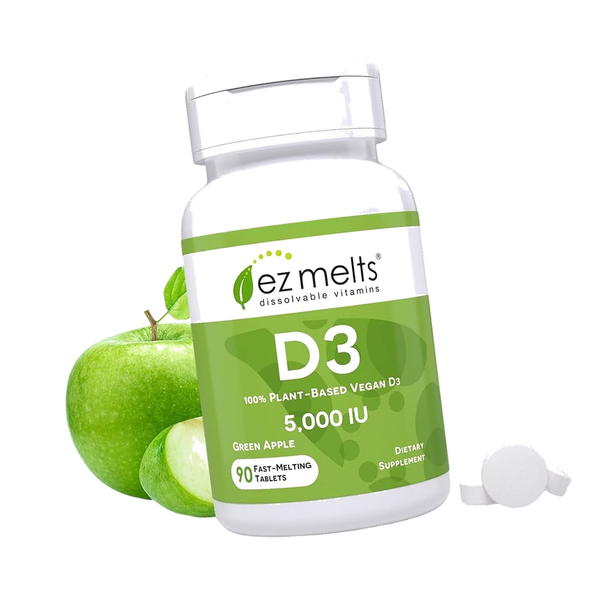 EZ Melts Dissolvable Vitamin D3 5,000 IU, 90 Tablets, Green Apple