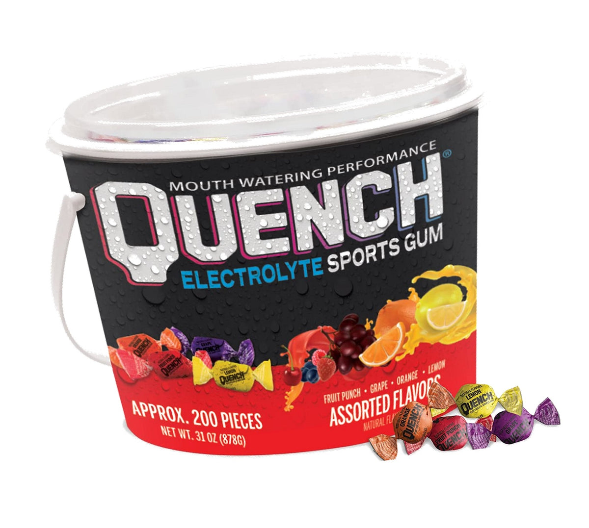 Quench Gum Variety Bucket, Electrolytes Chewing Gum for Athletes and Sports Trainers, Assorted Fruit Flavors, 200 Pieces