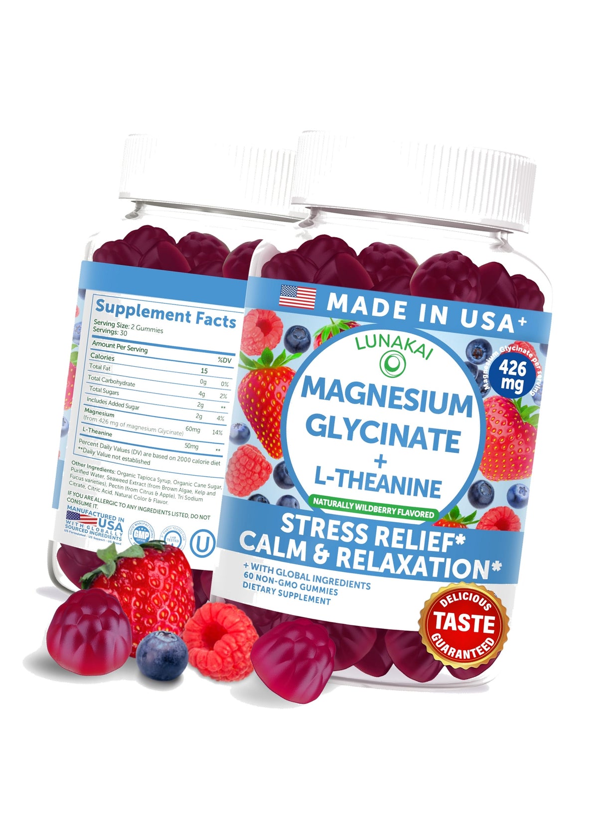 Lunakai USA Made Magnesium Glycinate Gummies 426mg with L-Theanine