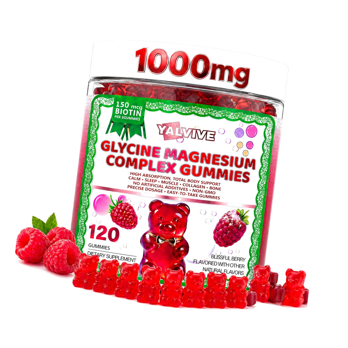 Magnesium Glycinate Gummies 1000mg, Sugar Free Magnesium Bisglycinate Supplement, Adults & Kids 4+, High Absorption with Calcium, Potassium, CoQ10 & Vitamins B6 & D3, Sleep & Muscle Support, 120 Count