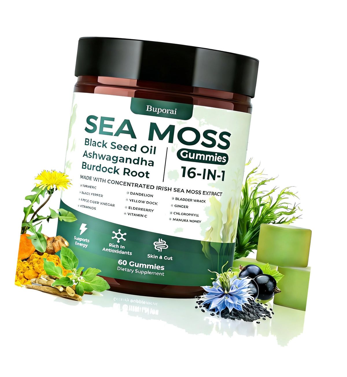 Buporai Sea Moss Gummies 16-in-1, Black Seed Oil Ashwagandha Turmeric Bladder Wrack Vitamin C Vitamin D3 Elderberry Manuka Dandelion Yellow Dock Apple Cider Vinegar for Men & Women