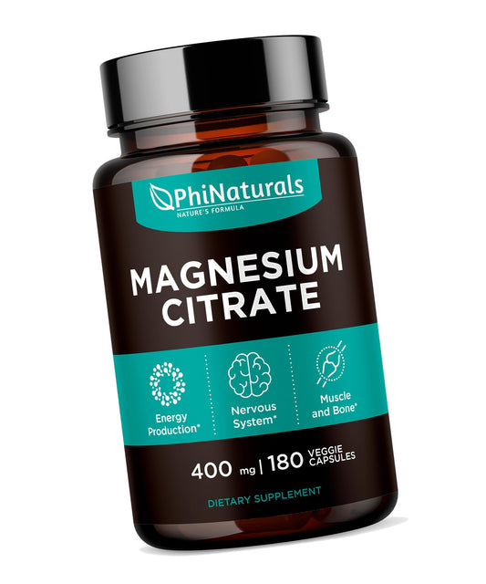 Magnesium Citrate Powder Capsules 400mg - 180 Count Veg Caps - PhiNaturals