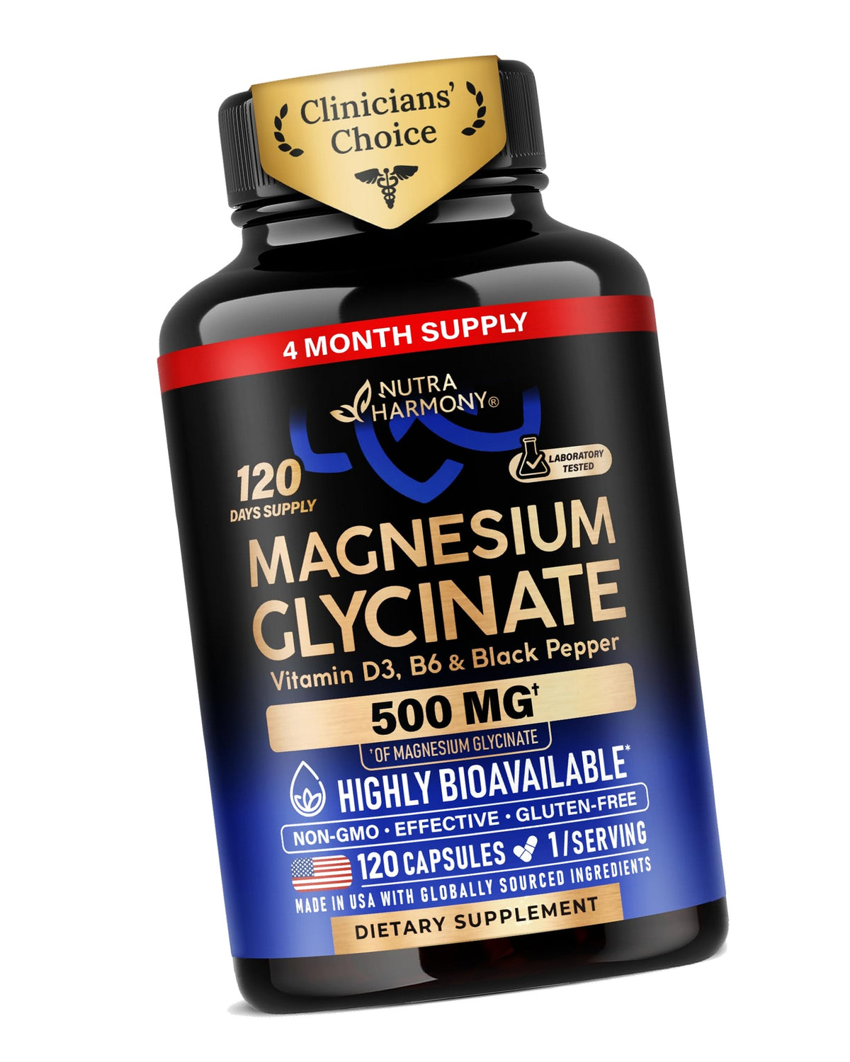 Magnesium Glycinate 500mg - VIT. B6 & D3 - Sleep, Muscle & Heart - 120 Caps