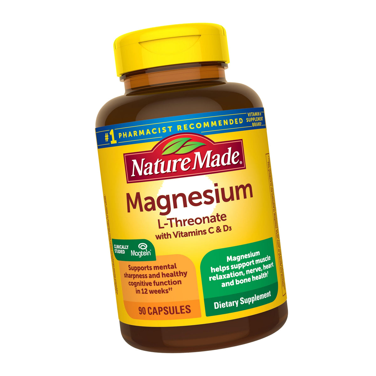 Nature Made Magnesium L-Threonate with Vitamin C & Vitamin D3, 90 Capsules
