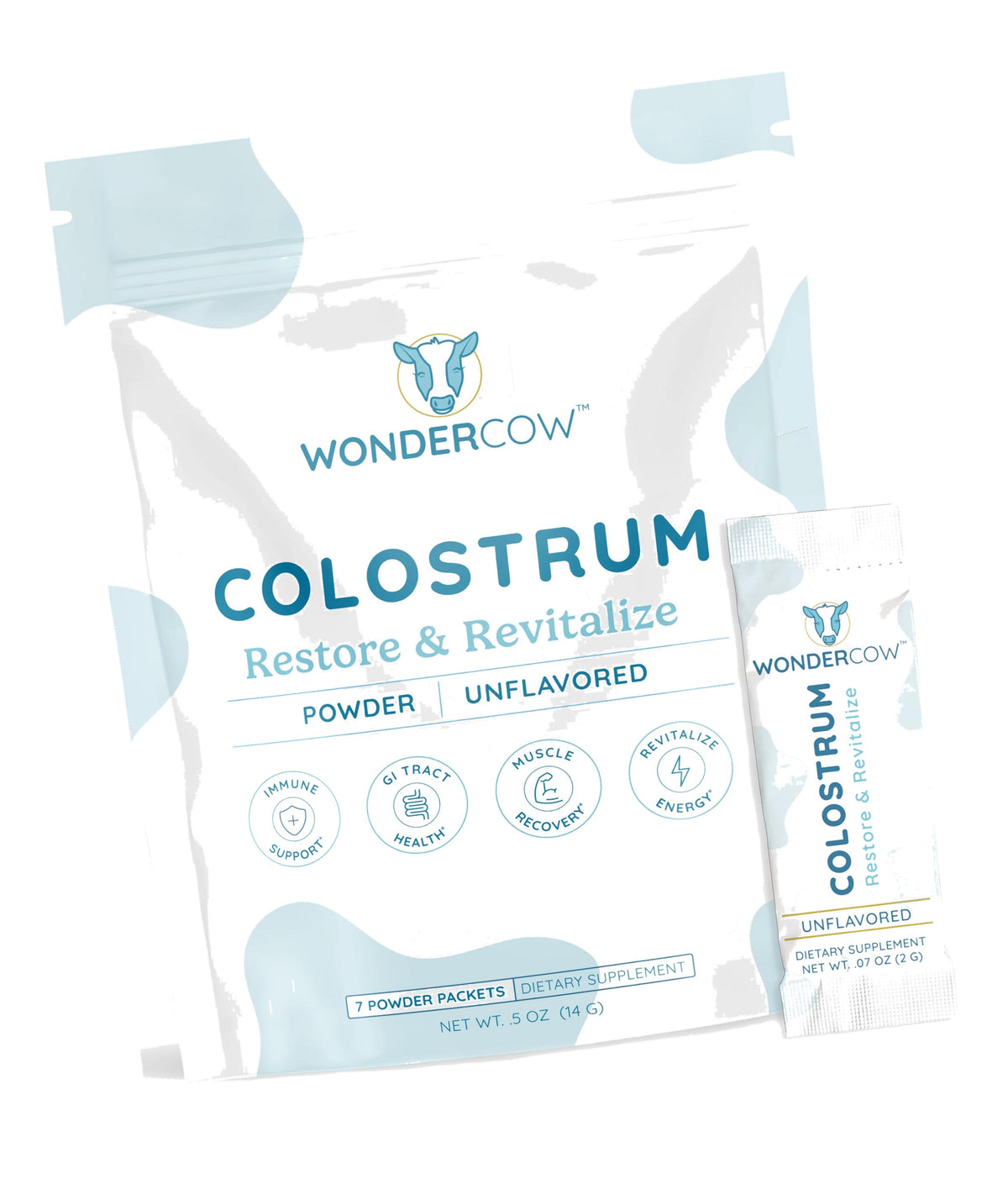 WONDERCOW Colostrum Supplement Powder for Gut Health, Immune Support & Wellness | Natural IgG Pure Whole Bovine Colostrum Superfood, Unflavored, 7 Servings