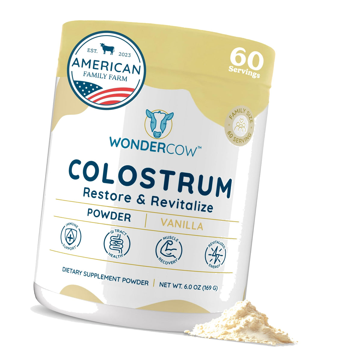 WONDERCOW Colostrum Supplement Powder for Gut Health, Immune Support & Wellness | Natural IgG Pure Whole Bovine Colostrum Superfood, Vanilla, 60 Servings
