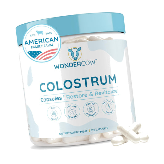 WONDERCOW Colostrum Capsules Supplement for Gut Health, Immune Support & Wellness | Natural IgG Pure Whole Bovine Colostrum Superfood, Unflavored, 30 Servings