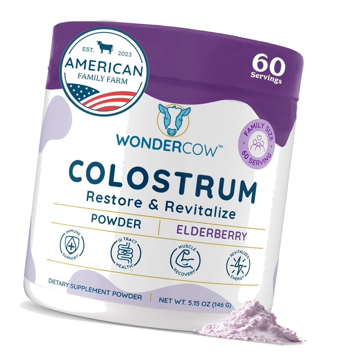 WONDERCOW Colostrum Supplement Powder for Gut Health, Immune Support & Wellness | Natural IgG Pure Whole Bovine Colostrum Superfood, Elderberry, 60 Servings