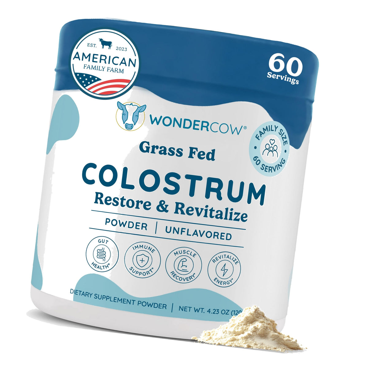 WONDERCOW Grass Fed Colostrum Supplement Powder for Gut Health, Immune Support & Wellness | Natural IgG Pure Whole Bovine Colostrum Superfood, Unflavored, 60 Servings