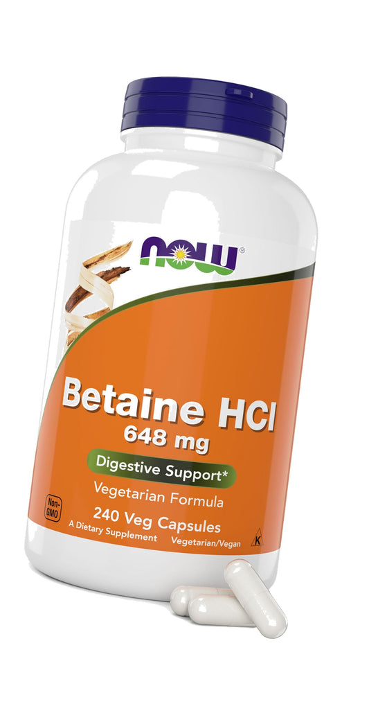 Now Betaine HCl 648mg 240 Veg Capsules - Digestive Enzymes Supplement - Enhanced with Pepsin Protease for Protein Digestion Support