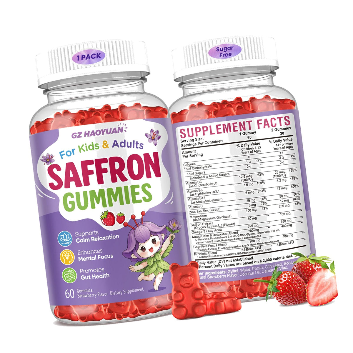 Saffron Gummies for Kids & Adults, 21-in-1 Saffron Supplements with 100mg Saffron Extract, L-Theanine, Magnesium, Omega-3, GABA, D3, B6, B12 & C, Supports Mood, Focus & Gut Health, Sugar-Free, Vegan