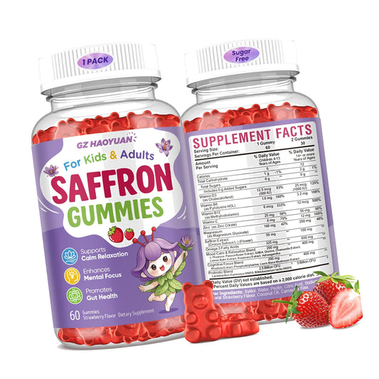 Saffron Gummies for Kids & Adults, 21-in-1 Saffron Supplements with 100mg Saffron Extract, L-Theanine, Magnesium, Omega-3, GABA, D3, B6, B12 & C, Supports Mood, Focus & Gut Health, Sugar-Free, Vegan