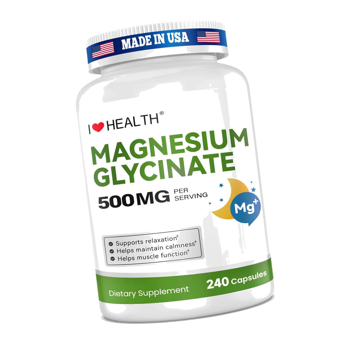 Magnesium Glycinate 500mg per Capsule – 240 Capsules – High Absorption Magnesium Supplement for Relaxation, Calmness & Muscle Support – Gentle on Stomach – Made in USA