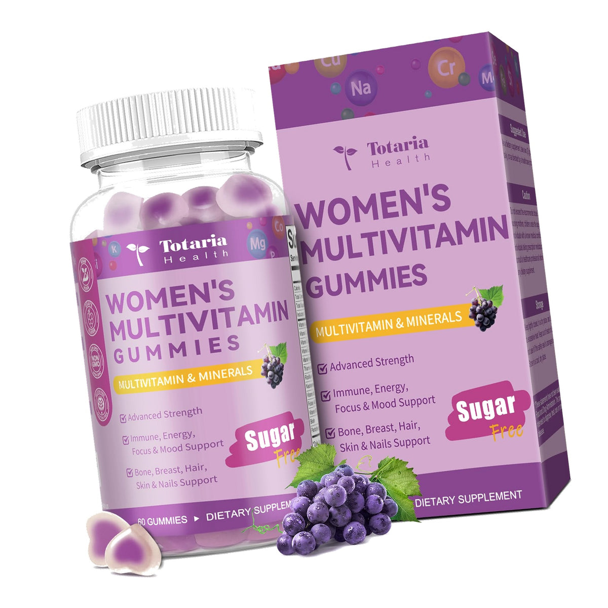 Totaria Sugar Free Multivitamin Gummies for Women 14+ w/Iron, Inositol, Folate, Biotin, Womens Daily Multivitamin Gummy w/Vitamin A, C, B, D3, K2, for Hair, Skin, Energy, Immune, Grape Flavor