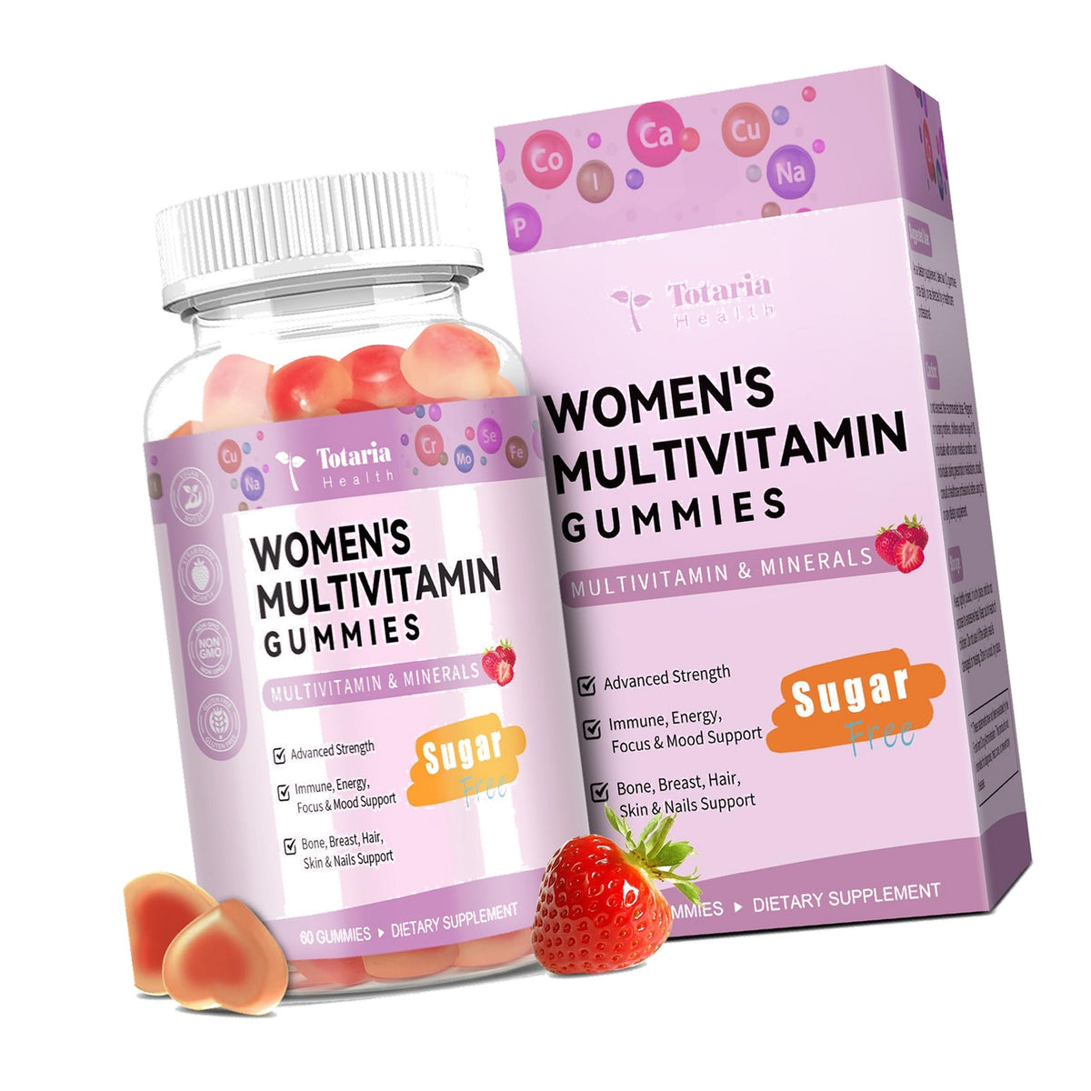 Totaria Sugar Free Multivitamin Gummies for Women 14+ w/Iron, Inositol, Folate, Biotin, Womens Daily Multivitamin Gummy w/Vitamin A, C, B, D3, K2, for Hair, Skin, Energy, Immune, Strawberry Flavor