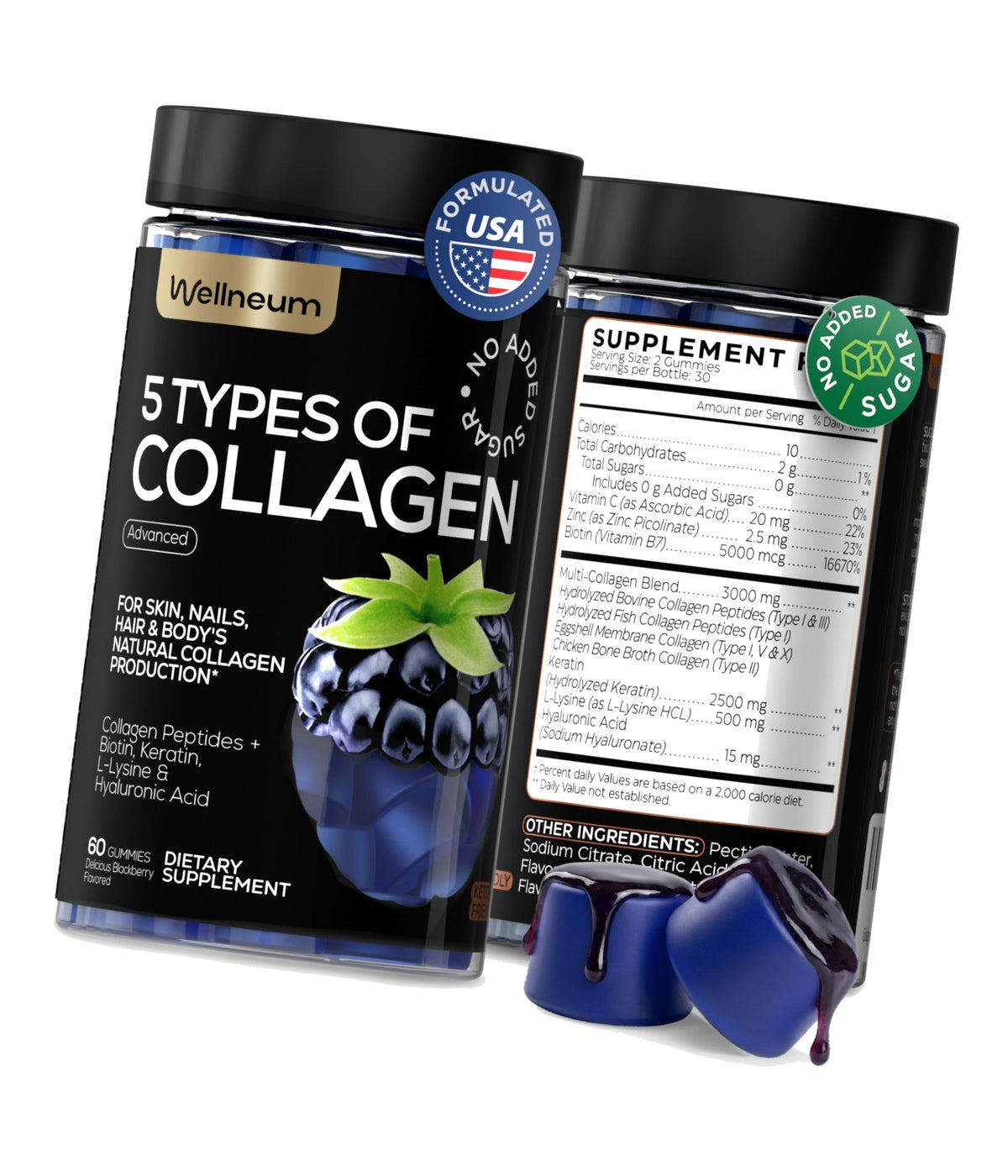 Collagen Peptides Gummies Sugar Free 3000mg Multi Collagen Blend for Hair Skin & Nails Support + 2500mg Keratin + 5000mcg Biotin, Hyaluronic Acid, Vitamin C & Zinc, 60 Gummies (Packaging May Vary)