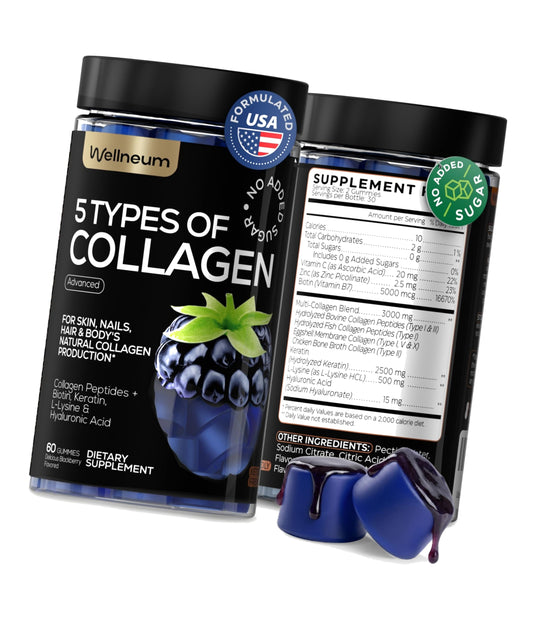 Collagen Peptides Gummies Sugar Free 3000mg Multi Collagen Blend for Hair Skin & Nails Support + 2500mg Keratin + 5000mcg Biotin, Hyaluronic Acid, Vitamin C & Zinc, 60 Gummies (Packaging May Vary)