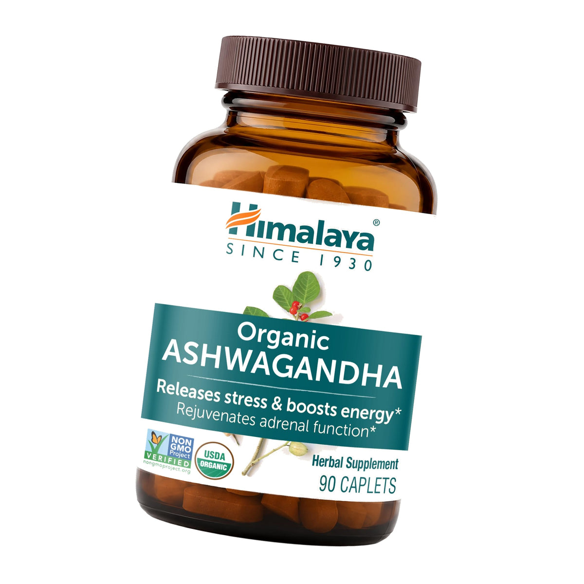 Himalaya Organic Ashwagandha Root, 90 Day Supply - Herbal Adrenal Support Supplements for Stress Relief and Energy Support - USDA Organic, Non-GMO, Vegan, Gluten Free, 670 mg, 90 Caplets