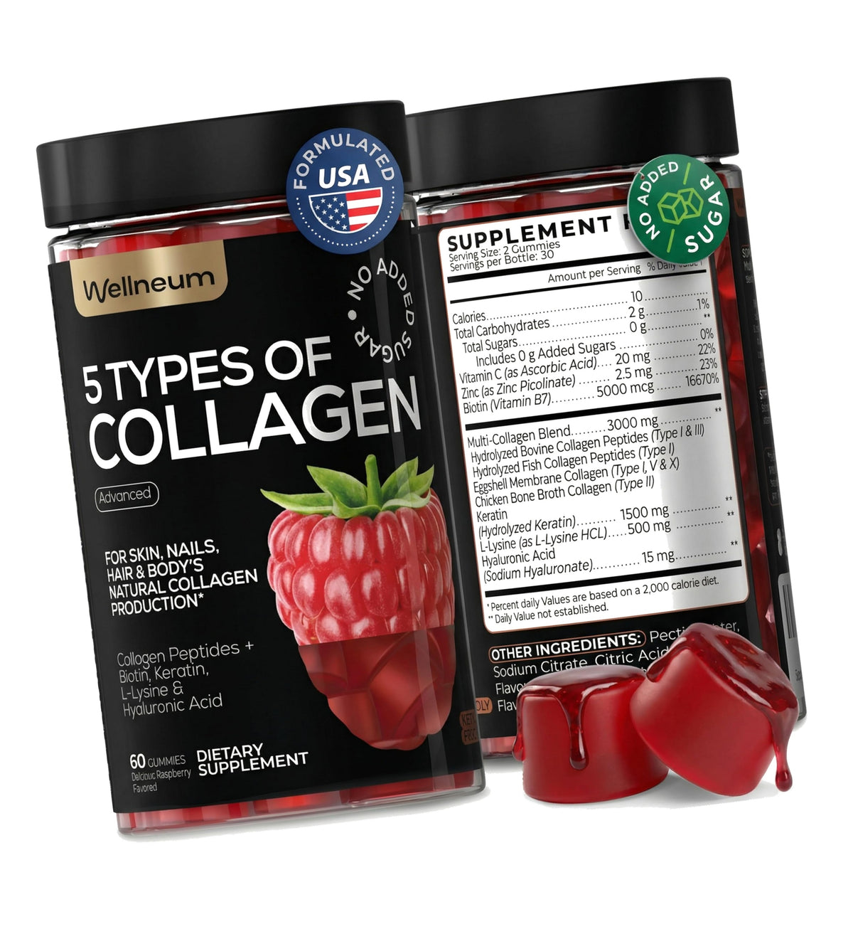 Collagen Peptides Gummies Sugar Free 3000mg Multi Collagen Blend for Hair, Skin & Nails Support + 1500mg Keratin + 3000mcg Biotin, Hyaluronic Acid, Vitamin C & Zinc, 60 Gummies (Packaging May Vary)