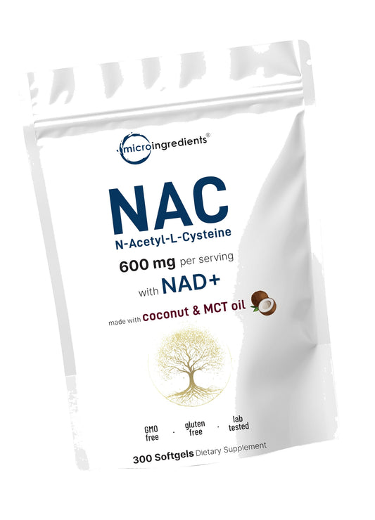 Micro Ingredients NAC Supplement 600mg Per Serving with NAD+ & Coconut Oil, 300 Softgels | 2-in-1 N Acetyl L Cysteine Plus Nicotinamide Forms | NAD Supplements for Women & Men | Non-GMO, Gluten Free