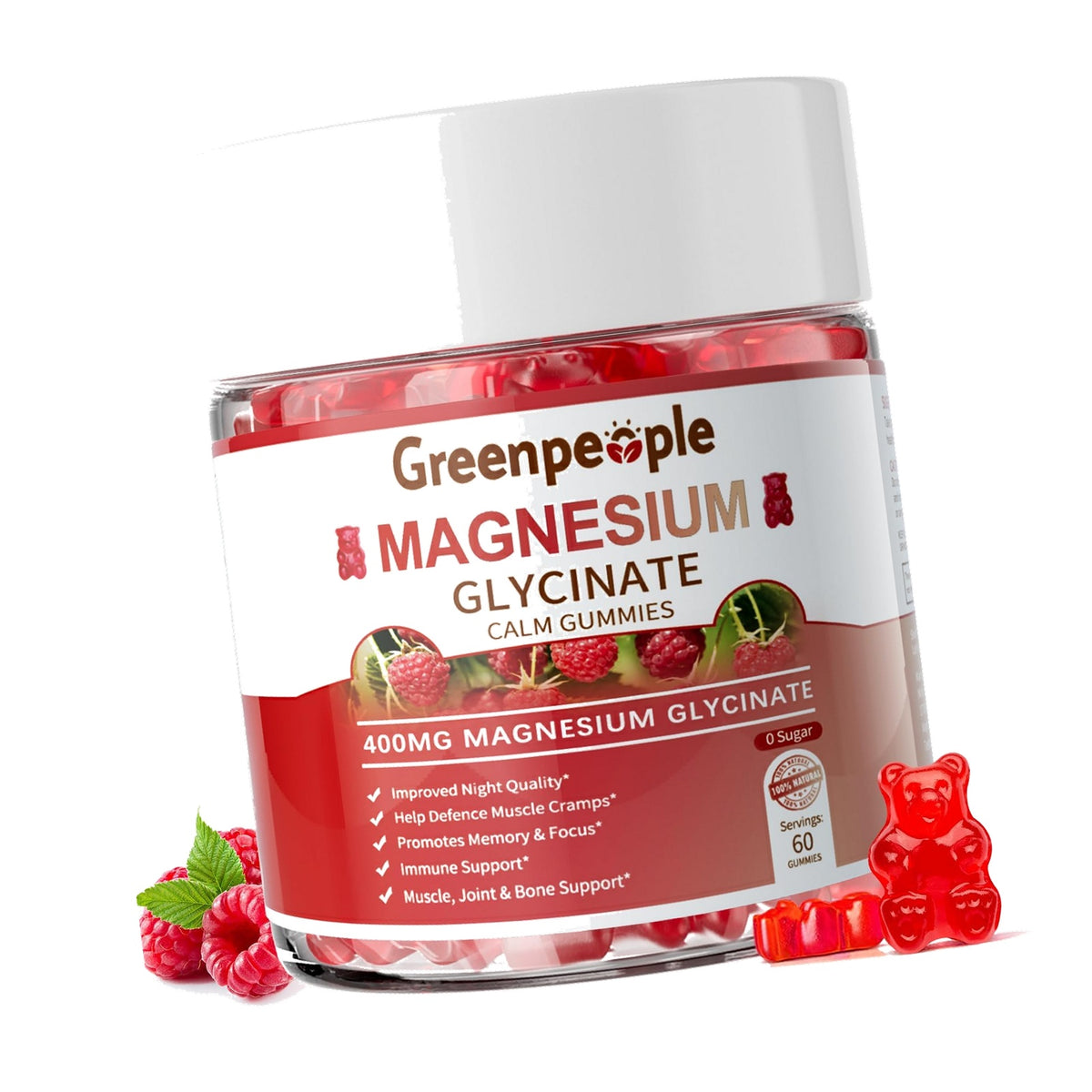 GREENPEOPLE Magnesium Glycinate Gummies 400mg - Raspberry, 60ct