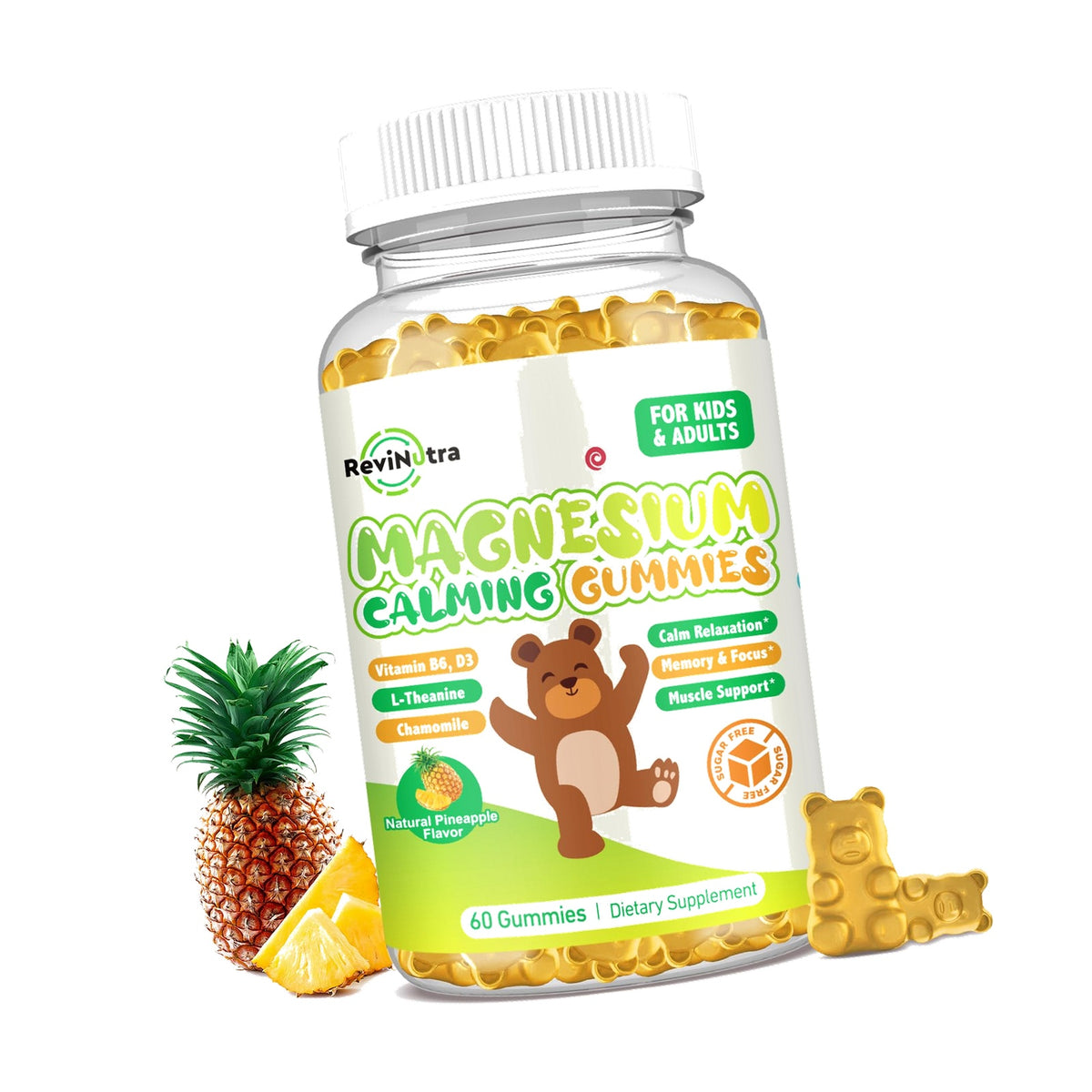 Magnesium Gummies for Kids - Magnesium Glycinate Gummies Supplement with L-Theanine, Vitamin B6, D3 for Adults & Kids, Calm Magnesium for Sleep, Relaxation, Brain, Bones,Sugar Free Pineapple 60ct