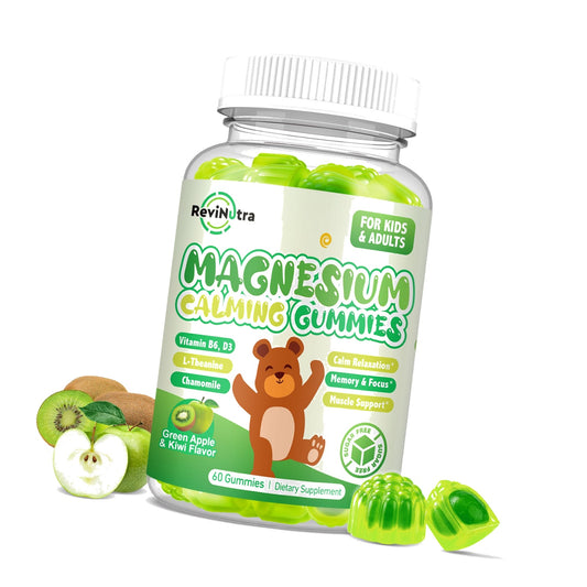 Magnesium Gummies for Kids - Magnesium Glycinate Gummies with L-Theanine, Vitamin B6, D3 for Kids & Adults Sleep, Calm, Relaxation, Brain, Bones, Muscle Relief, Sugar Free Green Apple & Kiwi 60ct