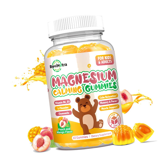 Magnesium Gummies for Kids - Magnesium Glycinate Gummies with L-Theanine, Vitamin B6, D3 for Kids & Adults Sleep, Calm, Relaxation, Stress, Brain, Bones, Muscle Relief, Sugar Free Peach & Mango 60ct