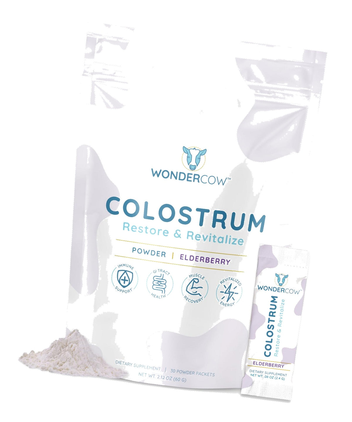 WONDERCOW Colostrum Supplement Powder for Gut Health, Immune Support & Wellness | Natural IgG Pure Whole Bovine Colostrum Superfood, Elderberry, 30 Servings
