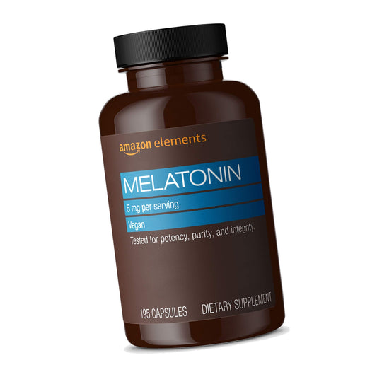 Amazon Elements - Melatonin 5mg Capsules, Helps with occasional sleeplessness, Vegan, Unflavored, 195 Count (Pack of 1), 6 month supply (Packaging may vary)