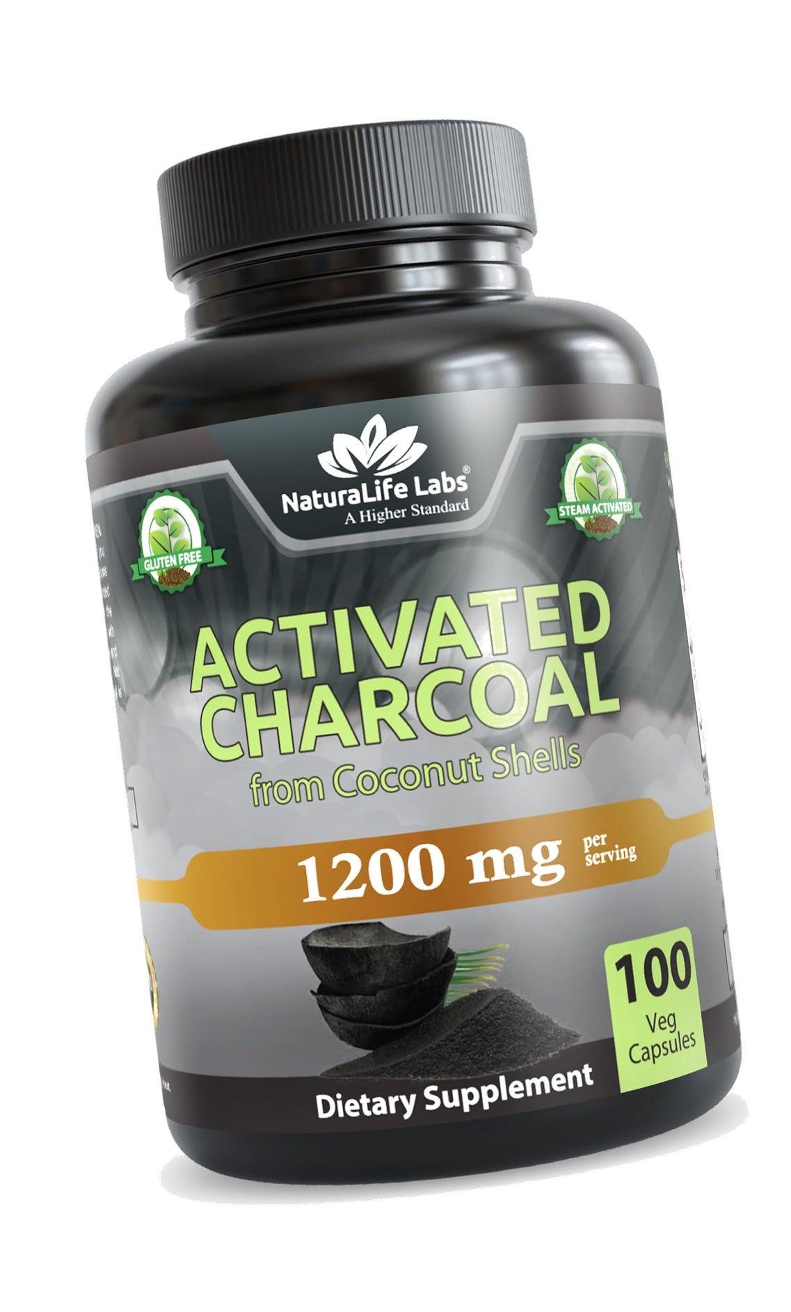 NaturaLife Labs Activated Charcoal 1200 mg per Serving – from Coconut Shells – 100 Veg Capsules – Non-GMO, Gluten-Free, Vegan