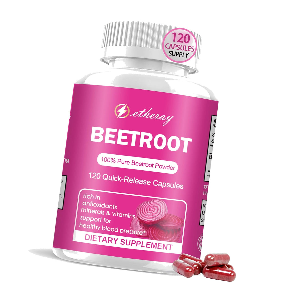 Beet Root Capsules 120 Count, Pure Beetroot Beets Powder Capsules 60 Days Supply | Natural & Vegan Supplement | 1300mg per Serving