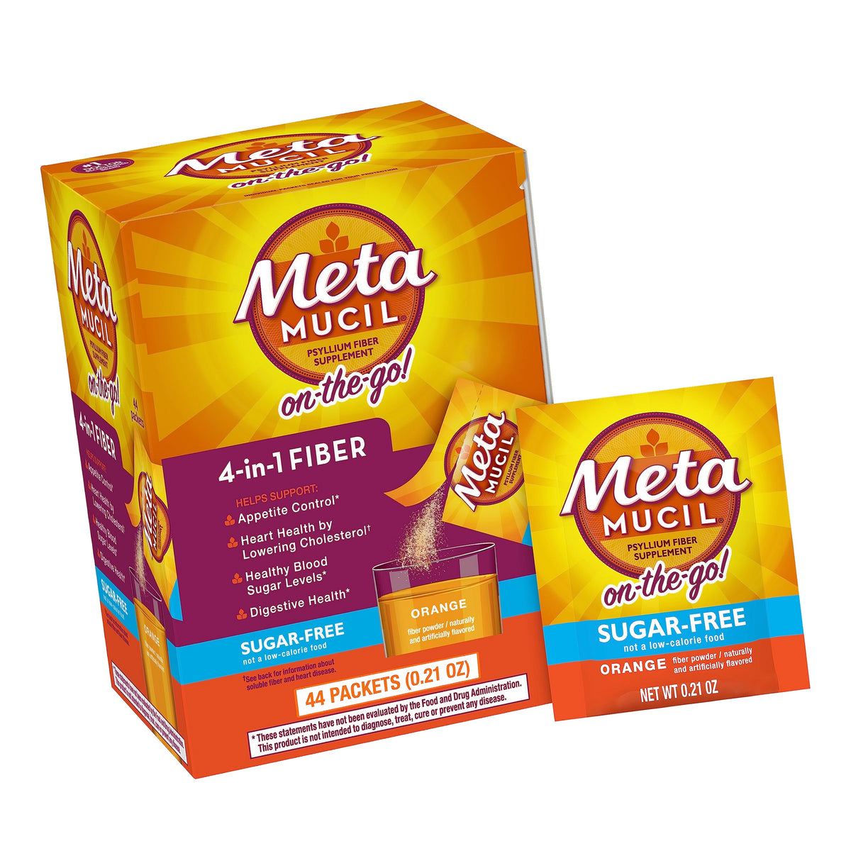 Metamucil On-The-Go, Daily Psyllium Husk Powder Supplement, Sugar-Free Powder, 4-in-1 Fiber for Digestive Health, Orange Flavored Drink, 44 Packets