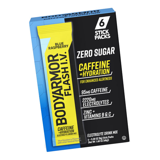 BODYARMOR Flash IV Caffeine + Zero Sugar Electrolyte Mix, Raspberry, 6 Ct