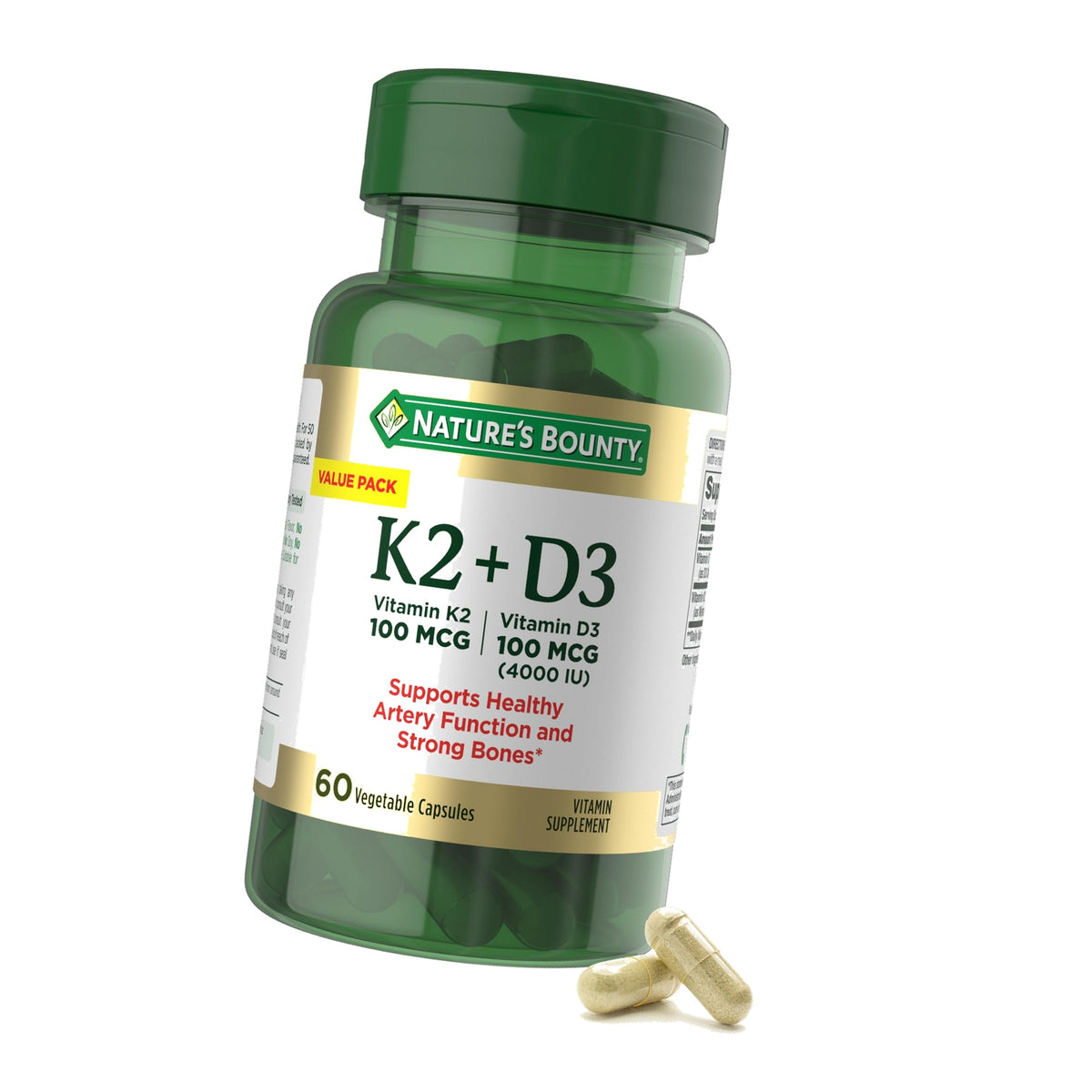 Nature's Bounty Vitamin D3 K2 Capsules, Heart & Bone Health, 60 ct