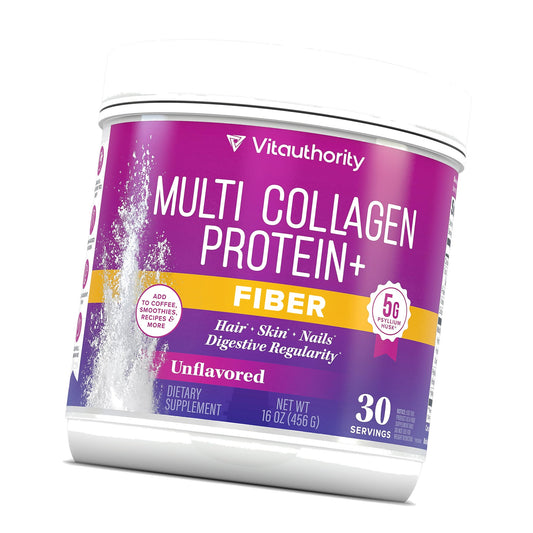 Vitauthority Multi Collagen Protein Powder + Fiber Supplement Collagen Types I, II, III, V & X | Hair, Skin, Nail, & Digestive Support | Vitamin C & Hyaluronic Acid, Unflavored 30 Servings