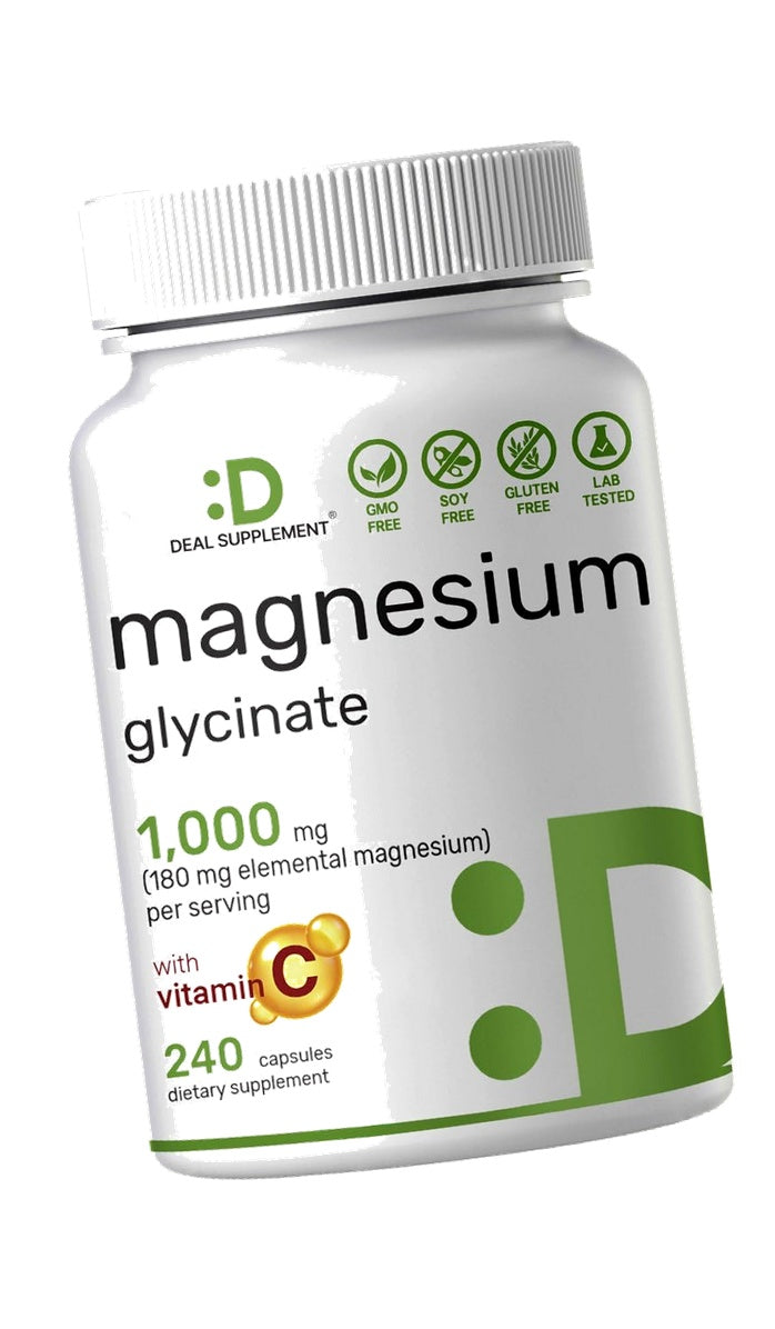 Magnesium Glycinate 500mg Per Capsule (1000mg Per Serving) Plus Vitamin C, 240 Capsules – 100% Chelated for Easy Absorption – Essential Mineral Supplement